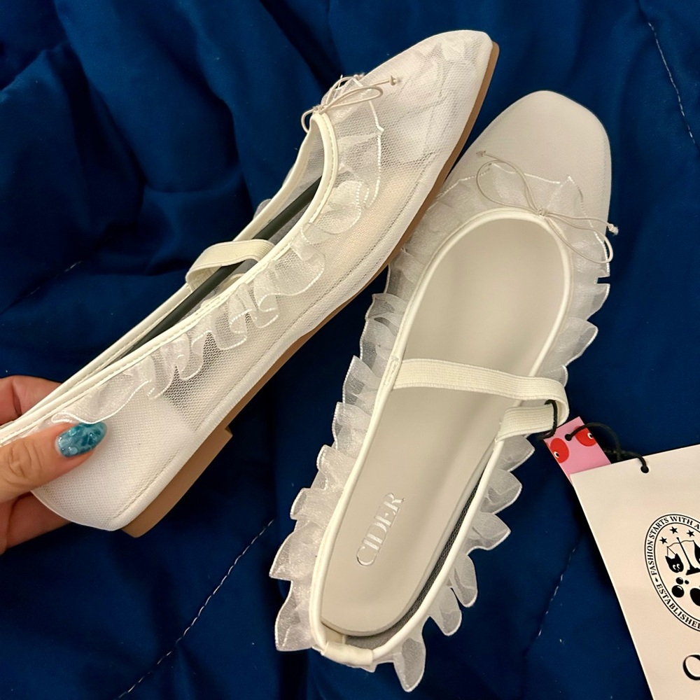 Cider White Mesh Ruffle Mary Jane Flats